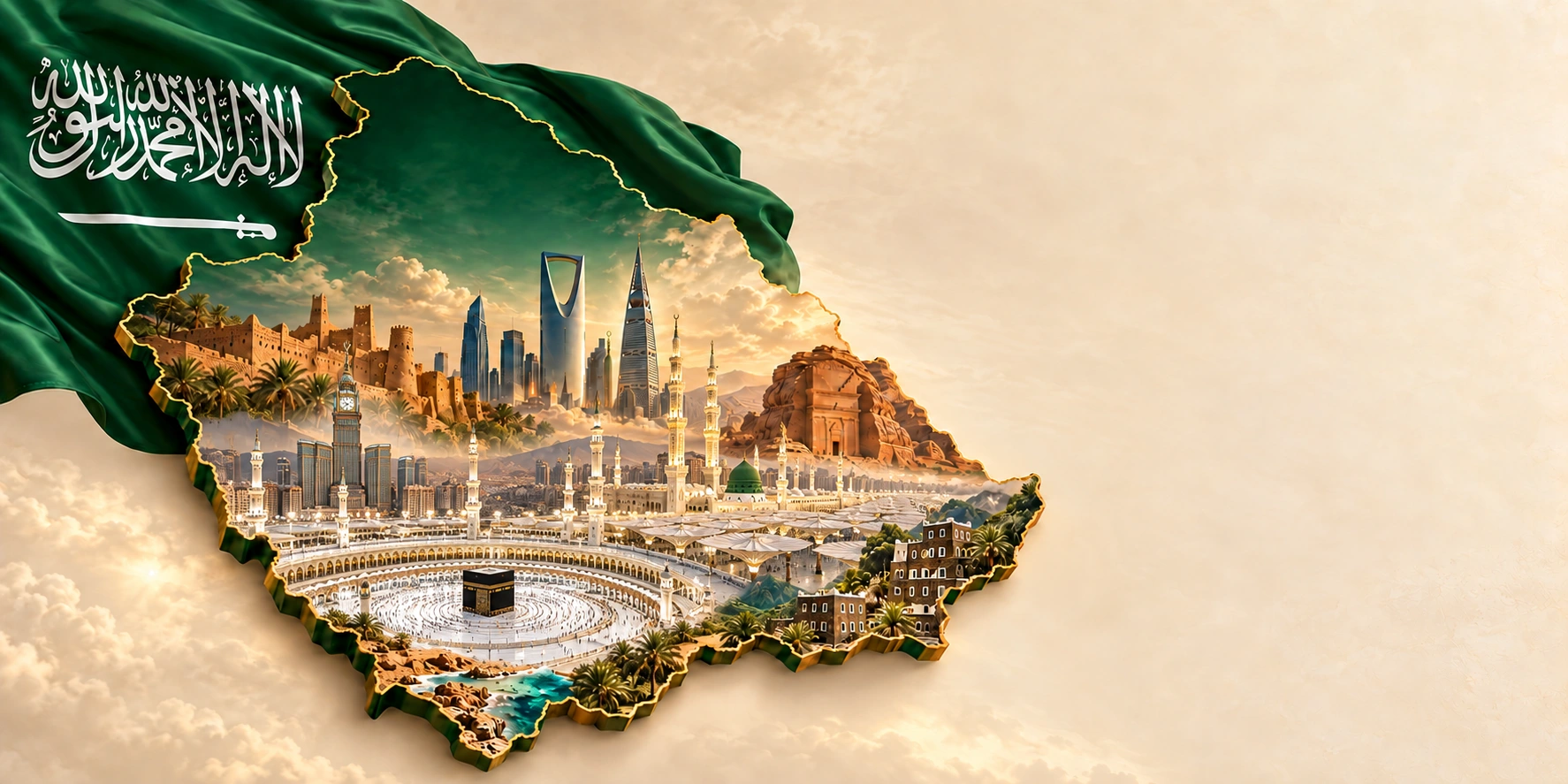 تصور فني لخريطة السعودية ومعالمها، مع المسجد الحرام والمسجد النبوي بهيئتهما المعاصرة والعلم السعودي